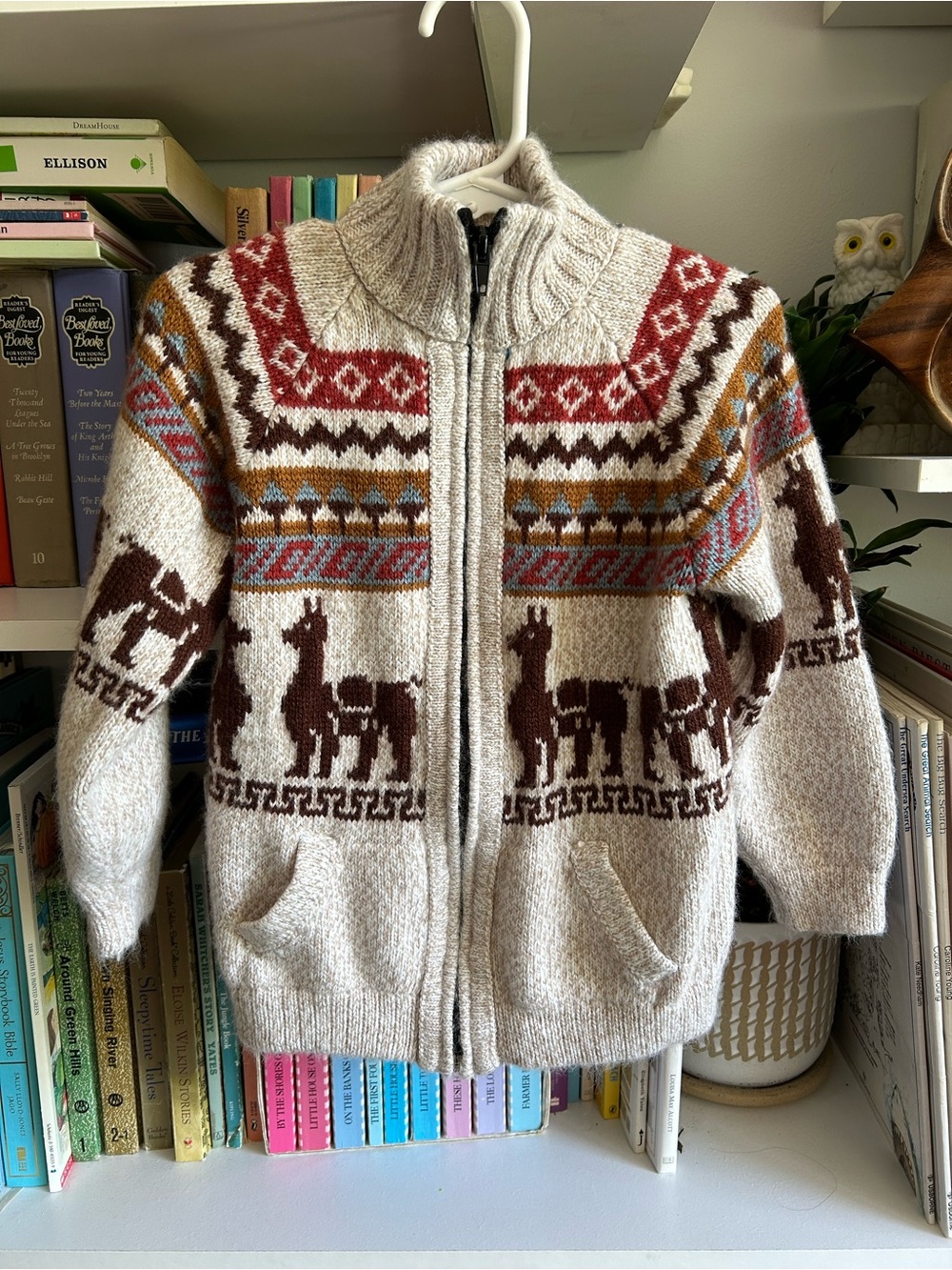 Kids’ Beige Zip-Up Alpaca Pattern Sweater Jacket